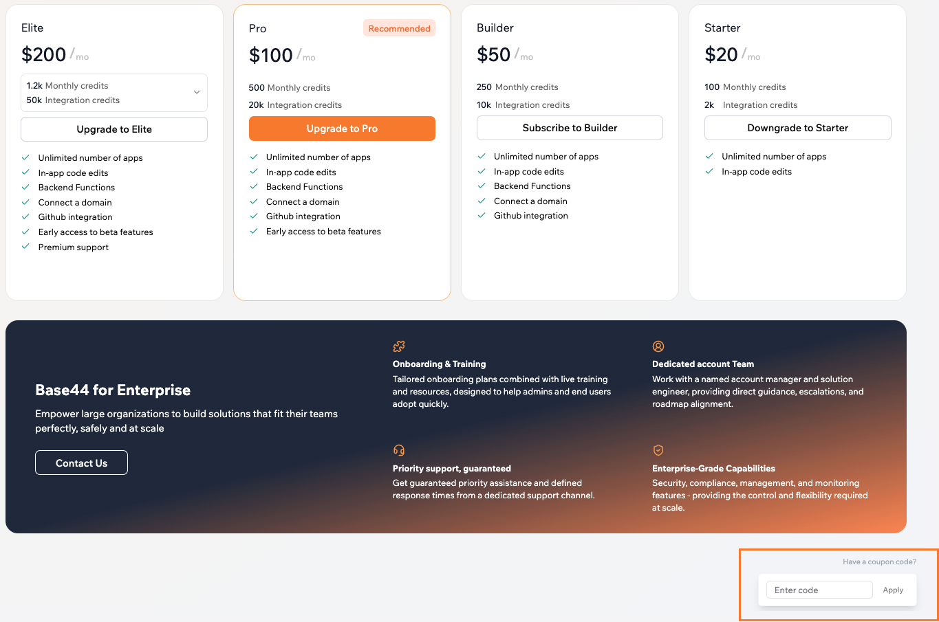 Applying a coupon code for free credits in Base44