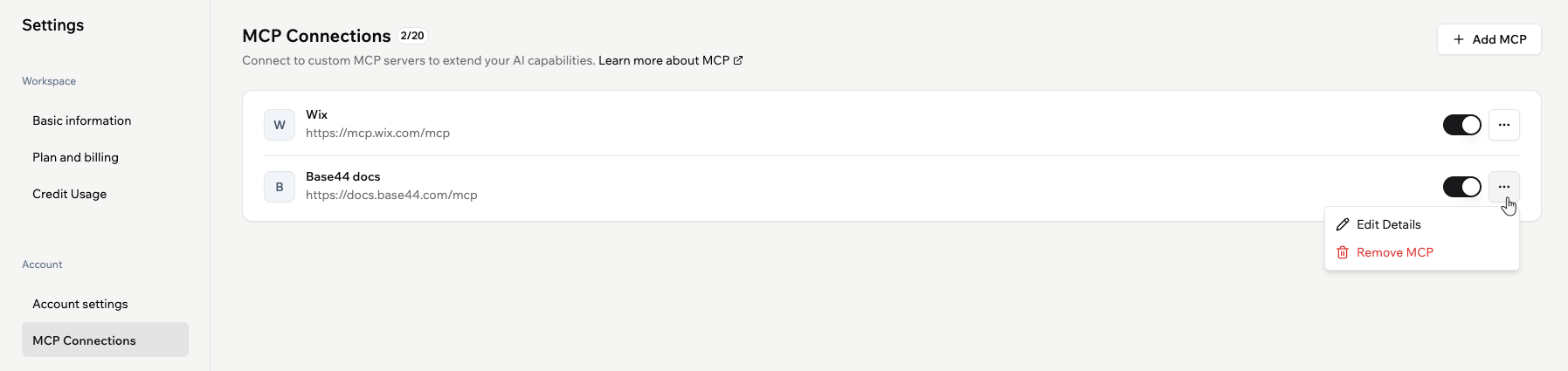 Editing or removing an MCP connection in your Base44 account