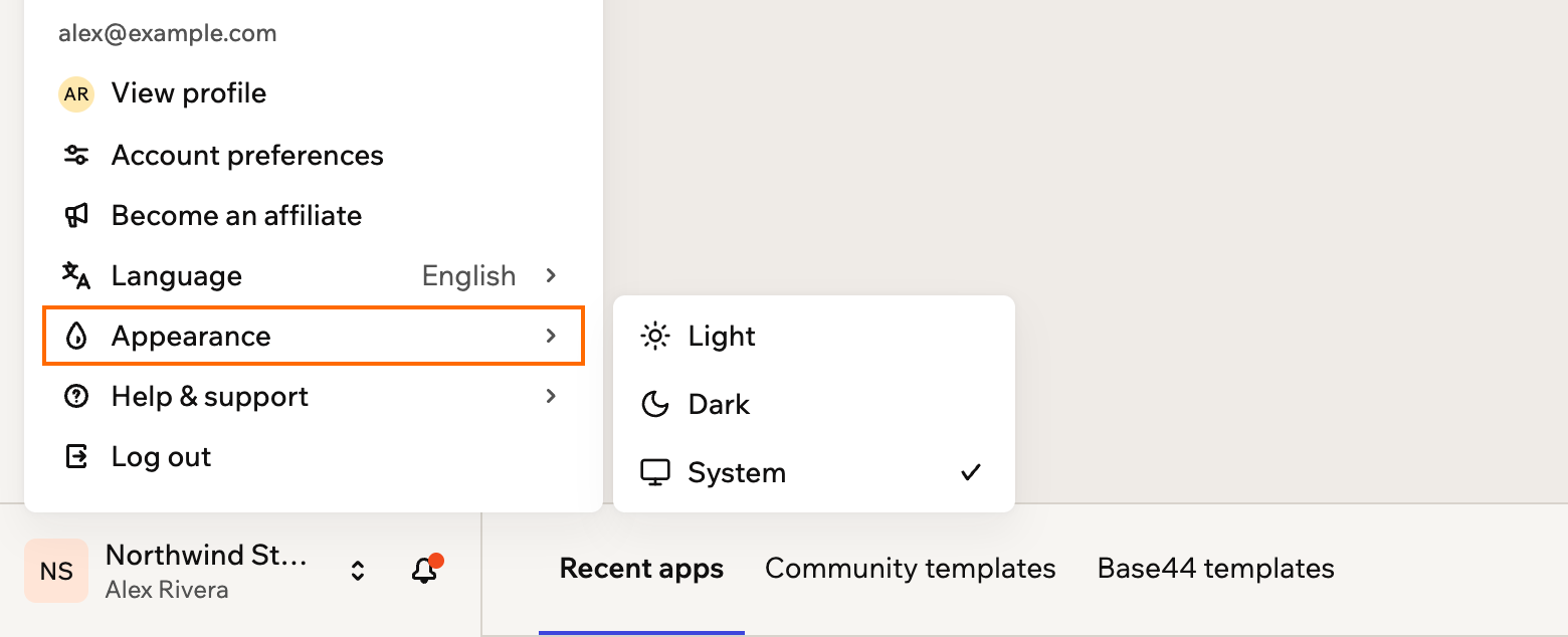 A screenshot of the workspace menu with Appearance outlined and its Light, Dark and System theme options open