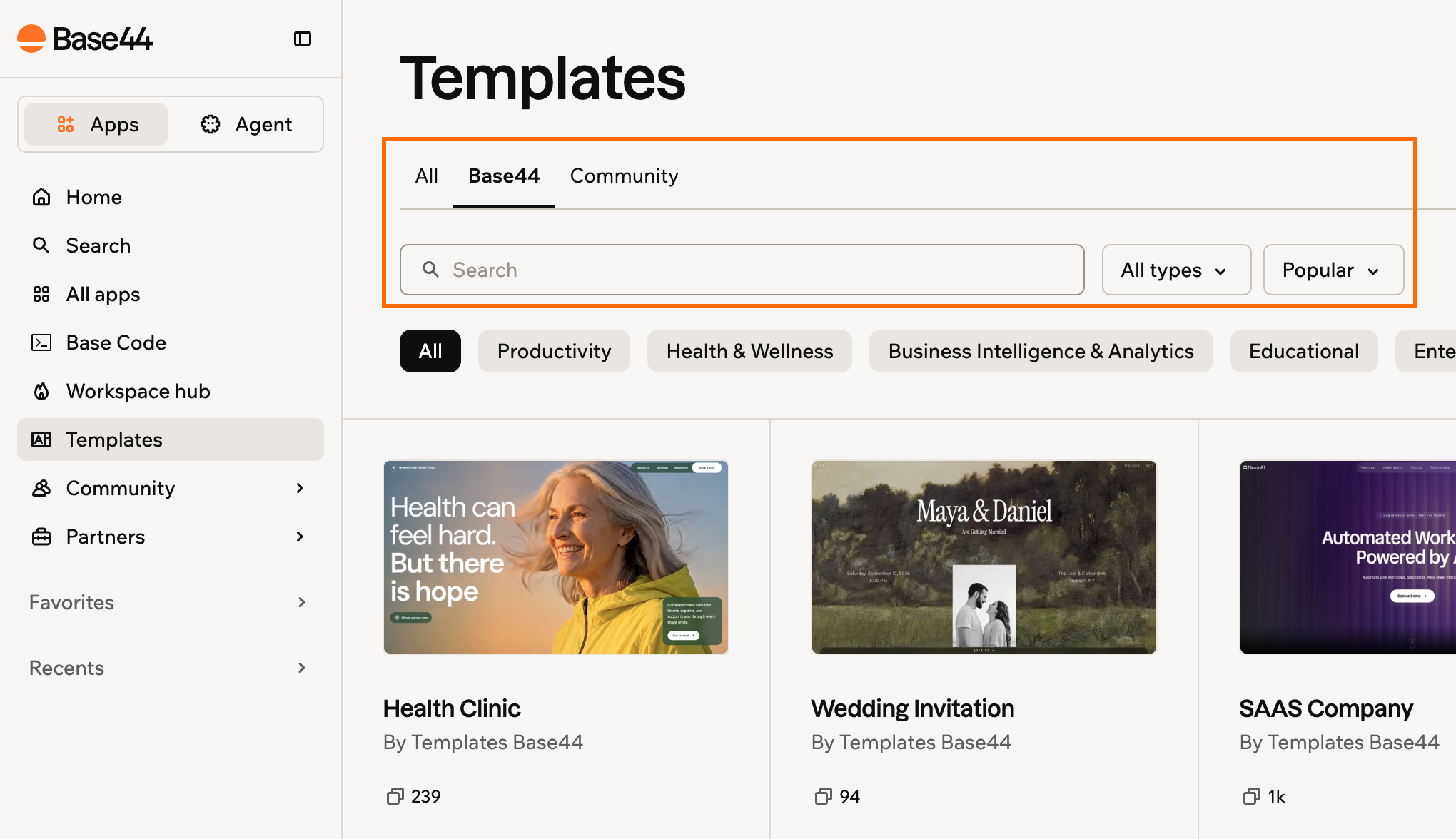 La pagina Templates con la riga delle schede, la ricerca e i menu a discesa Type e Sort evidenziati