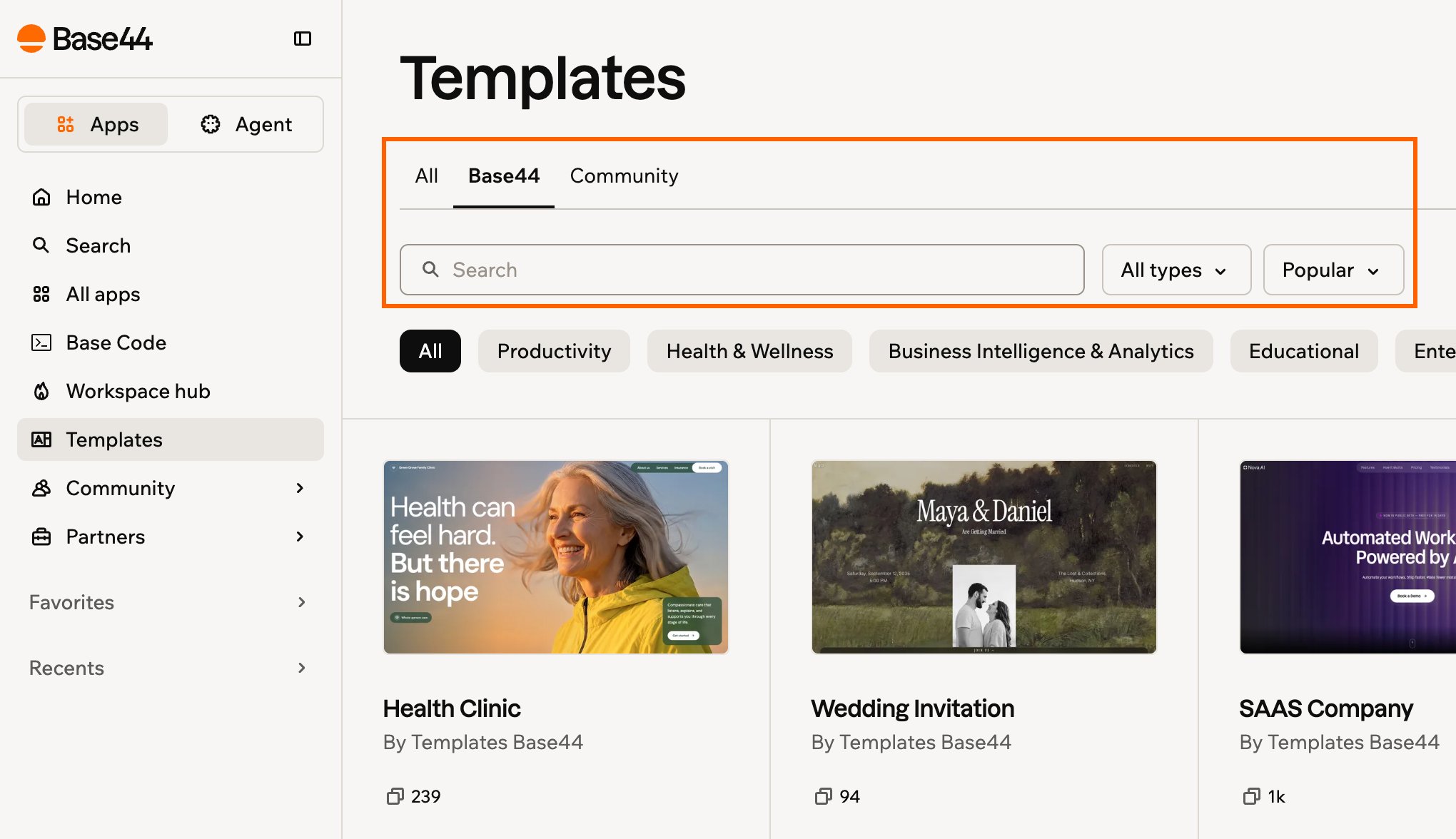 La pagina Templates con la riga delle schede, la ricerca e i menu a discesa Type e Sort evidenziati