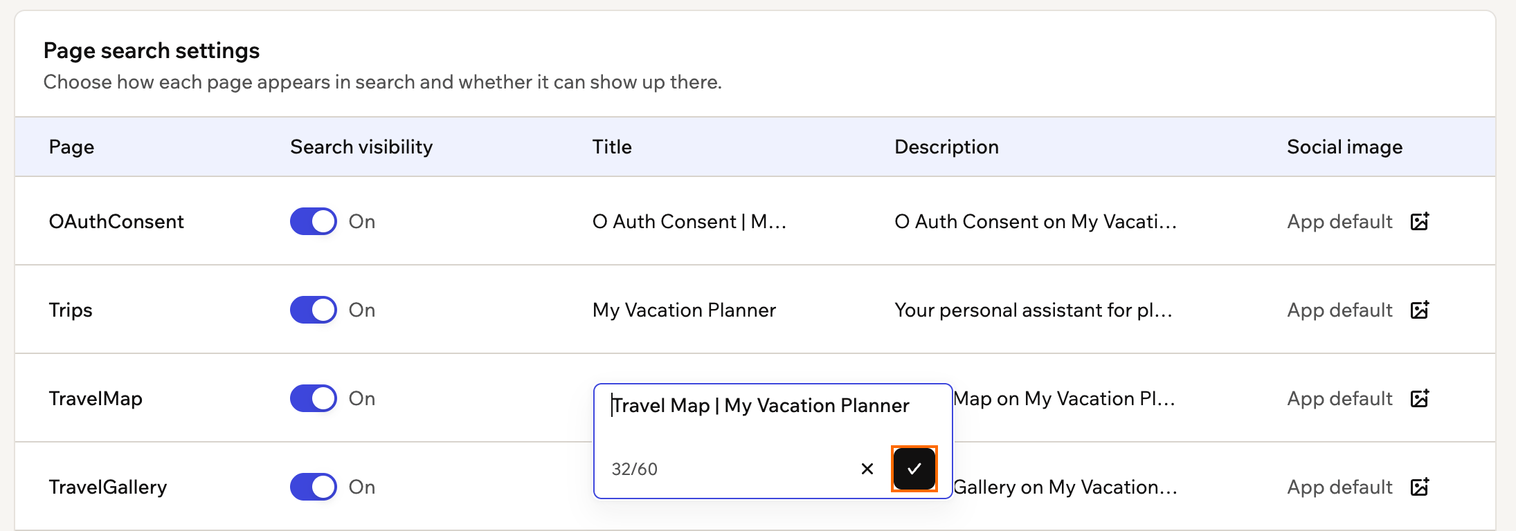 A screenshot of a page title open for editing in the Meta tags table, with a character counter and the Save icon outlined