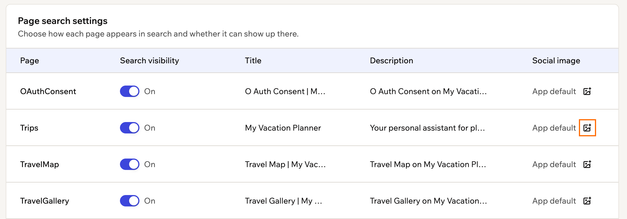 A screenshot of the Social image column showing App default for each page, with the Upload icon outlined
