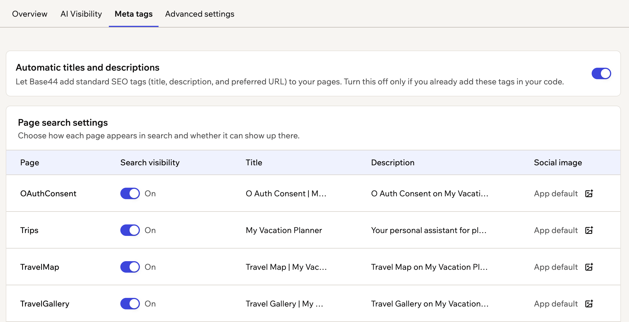 A screenshot of the Meta tags tab showing each page's search visibility, title, description and social image
