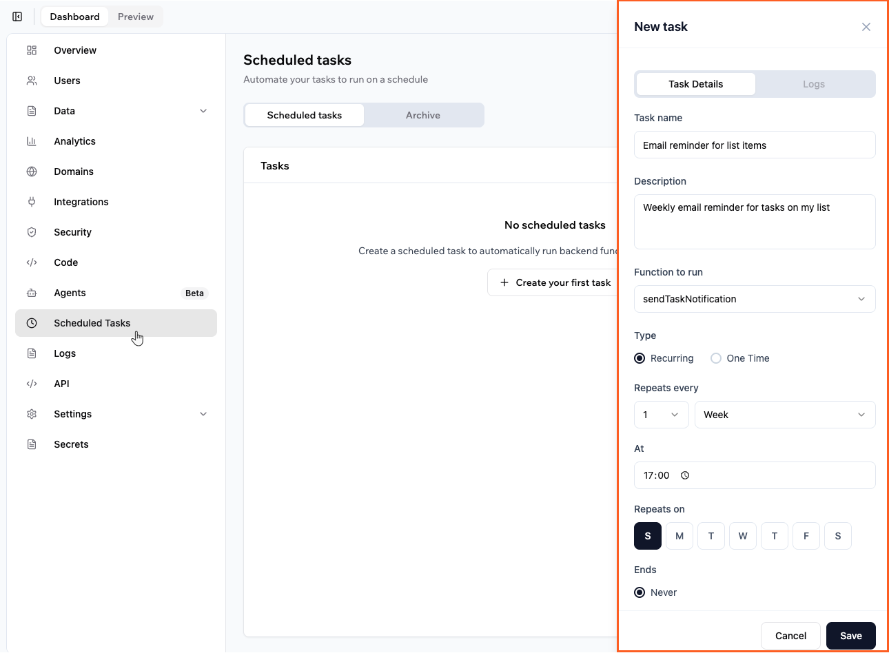 Setting up a new scheduled task from your app's dashboard Setting up a new scheduled task from your app's dashboard