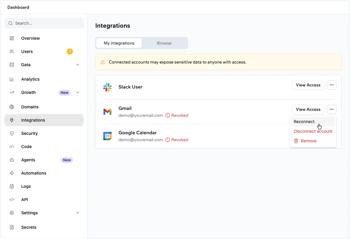 App dashboard showing the Integrations page with revoked Gmail and Google Calendar connectors and the Reconnect option open