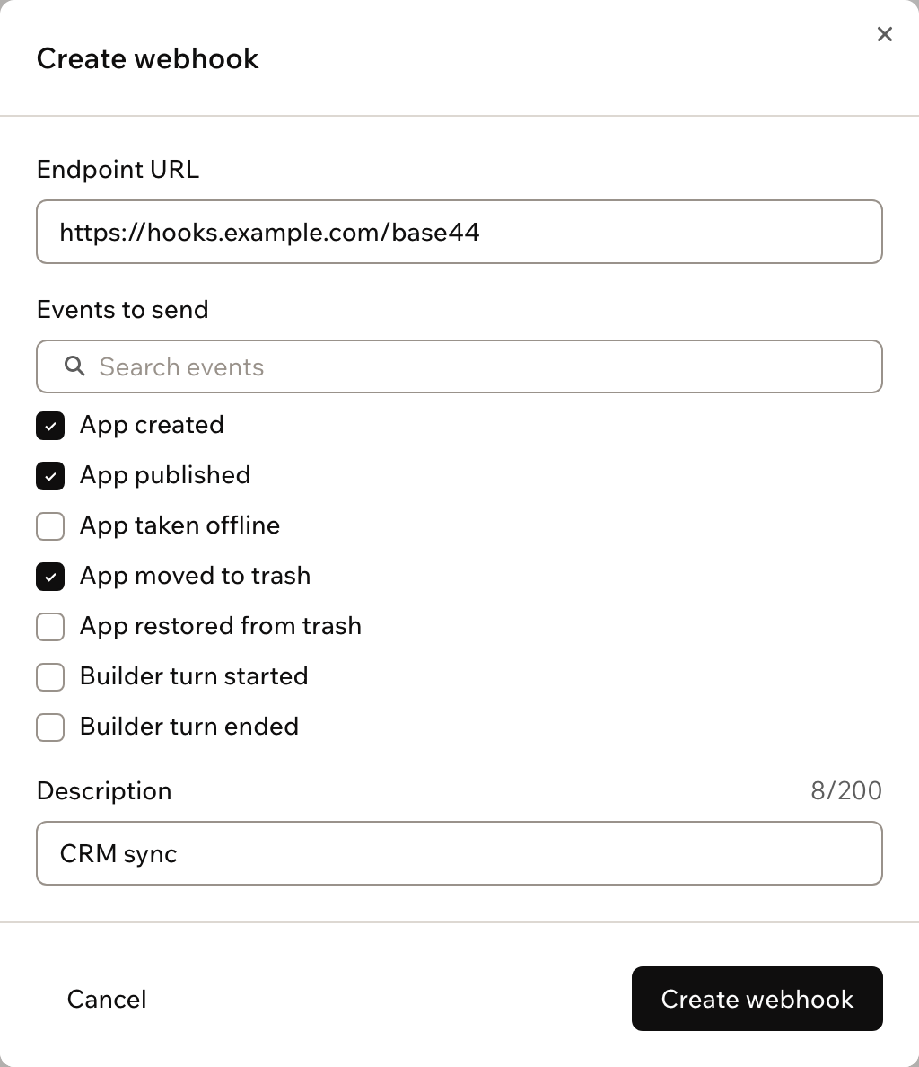 The Create webhook form with an endpoint URL, 3 selected events and a description