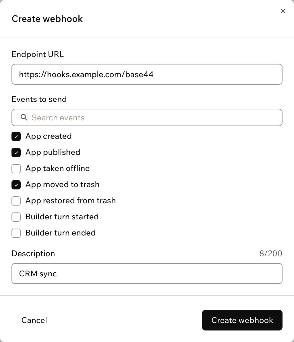 The Create webhook form with an endpoint URL, 3 selected events and a description