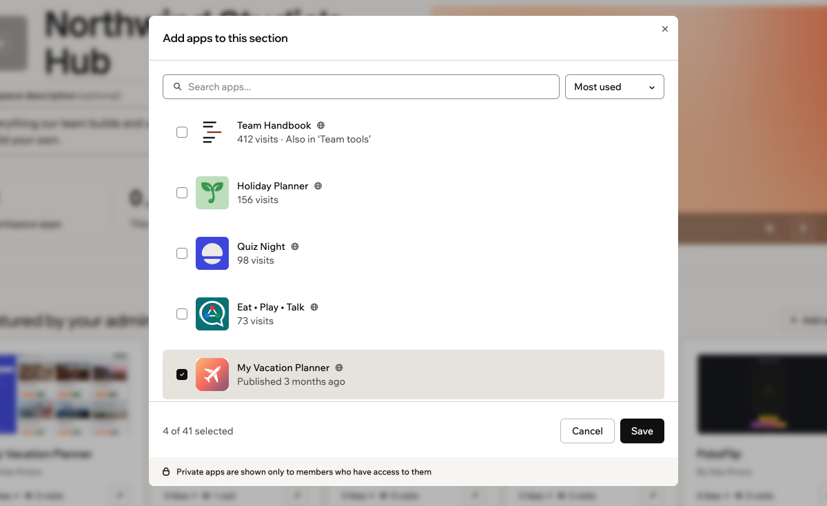 A screenshot of the Add apps to this section window with a searchable list of workspace apps