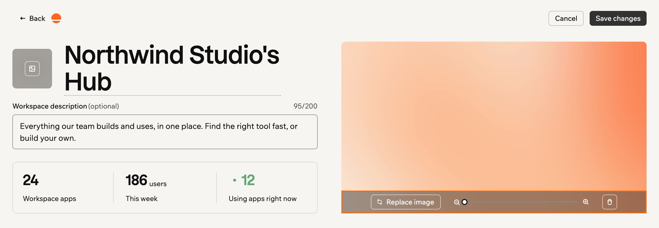 A screenshot of the hub in edit mode with the cover toolbar outlined: Replace image, the zoom slider, and Remove cover photo