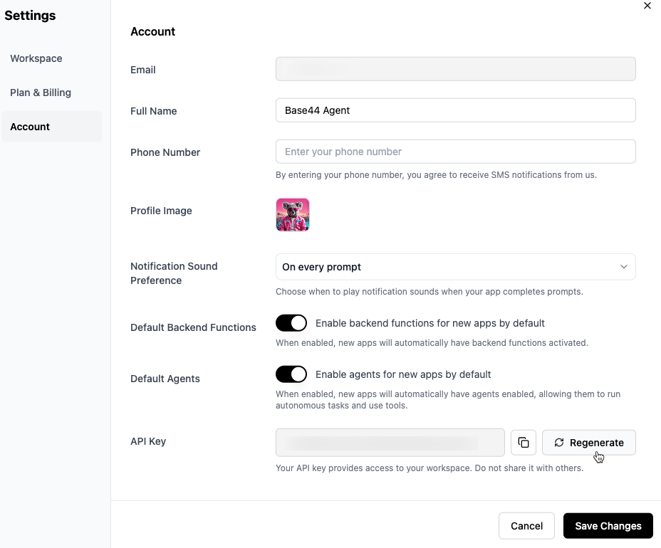 Base44 account settings showing API key regeneration option.