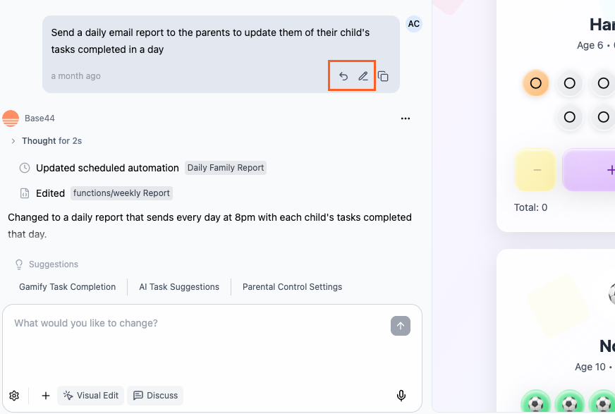 Revert and edit options under a message in the Base44 AI chat.