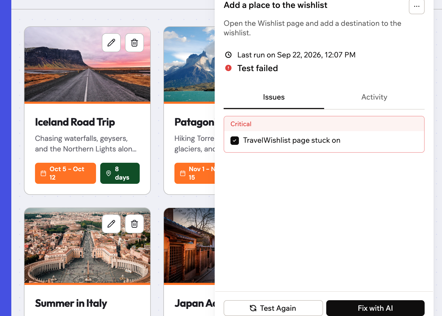 Uno screenshot del risultato di un test con le schede Issues e Activity e un problema critico