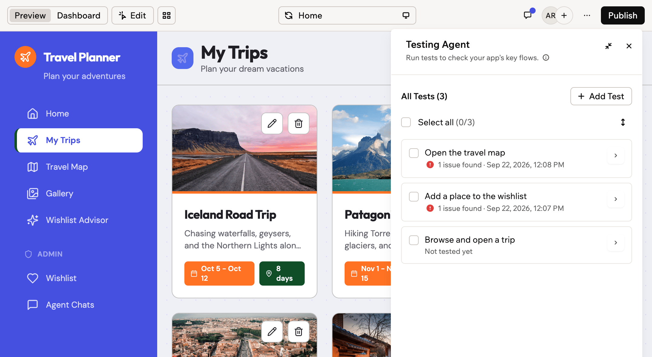 Uno screenshot del pannello dell'agente di test aperto nell'editor dell'app, con i risultati dei test