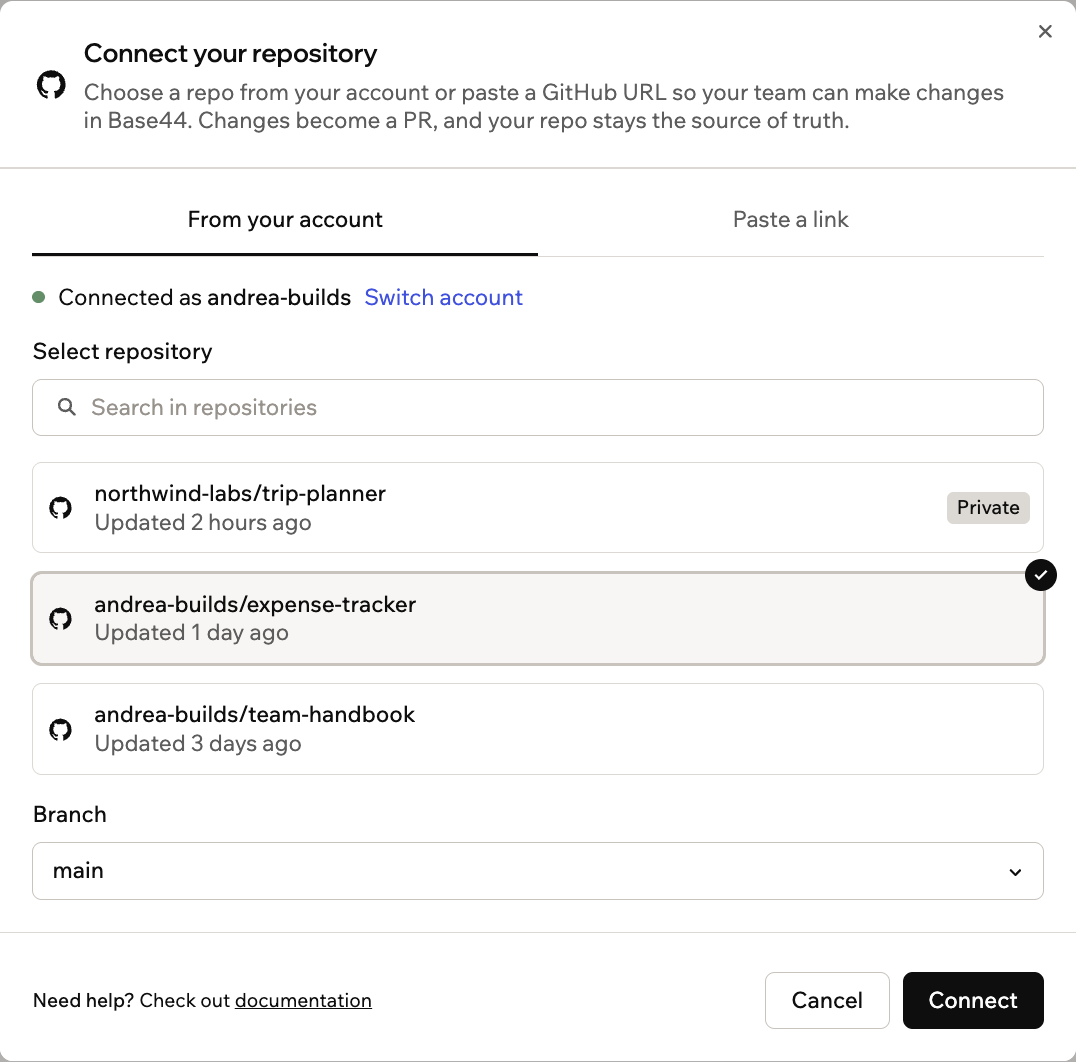The Connect your repository dialog on the From your account tab, with a repository selected and Branch set to main