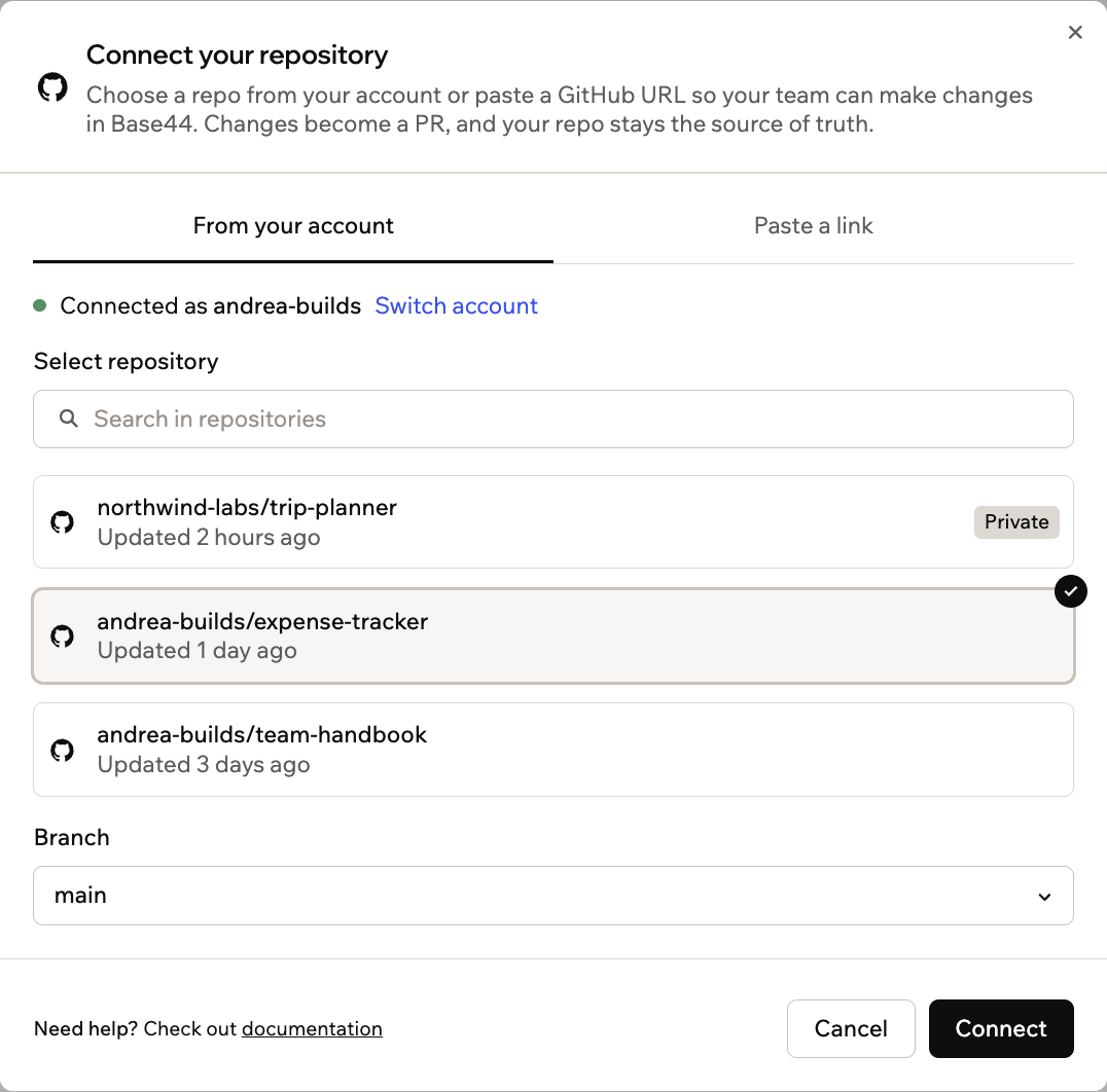 The Connect your repository dialog on the From your account tab, with a repository selected and Branch set to main