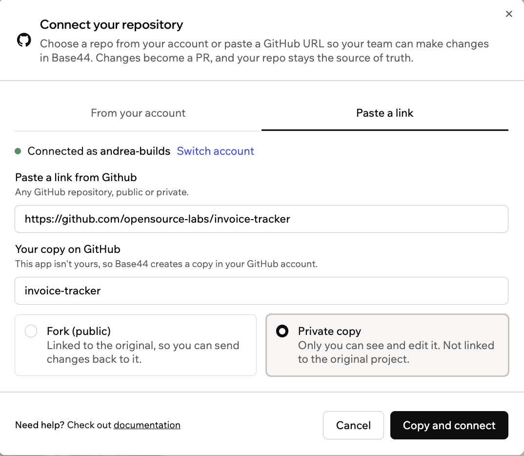 The Connect your repository dialog on the Paste a link tab, with a URL pasted, a copy name entered, and Private copy selected