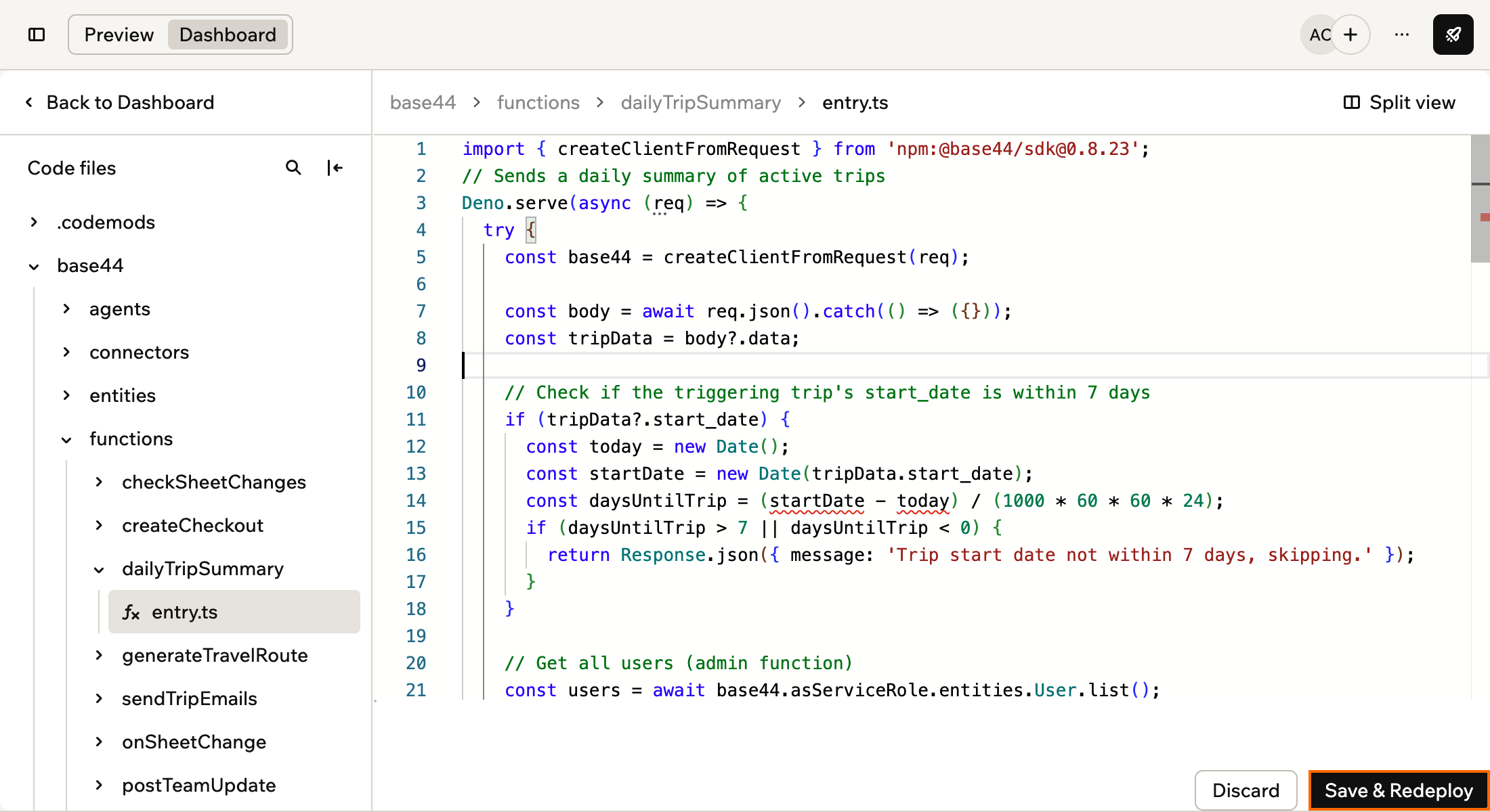 Code でバックエンド関数のエントリファイルを開き、Save & Redeploy ボタンが囲まれたスクリーンショット