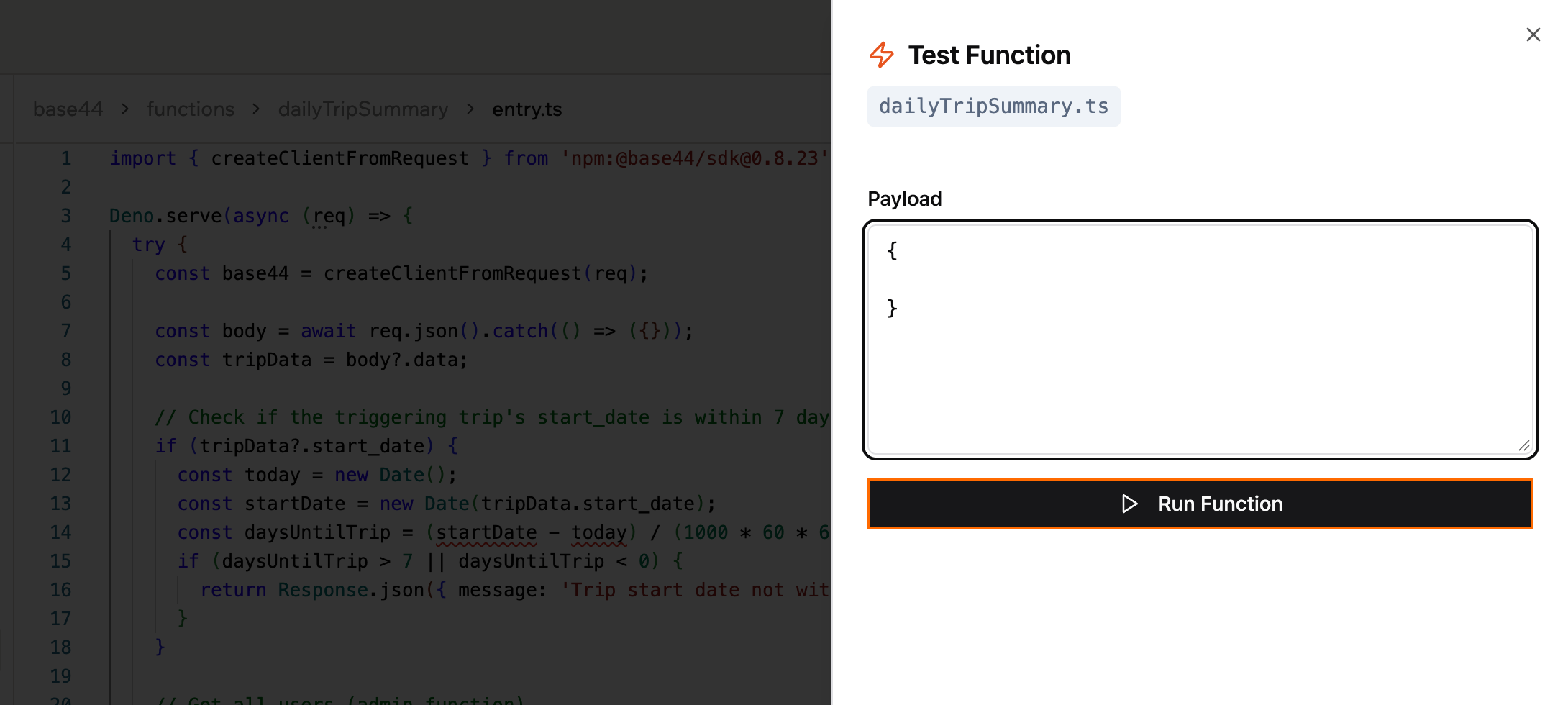 Payload フィールドが表示され、Run Function ボタンが囲まれた Test Function パネルのスクリーンショット
