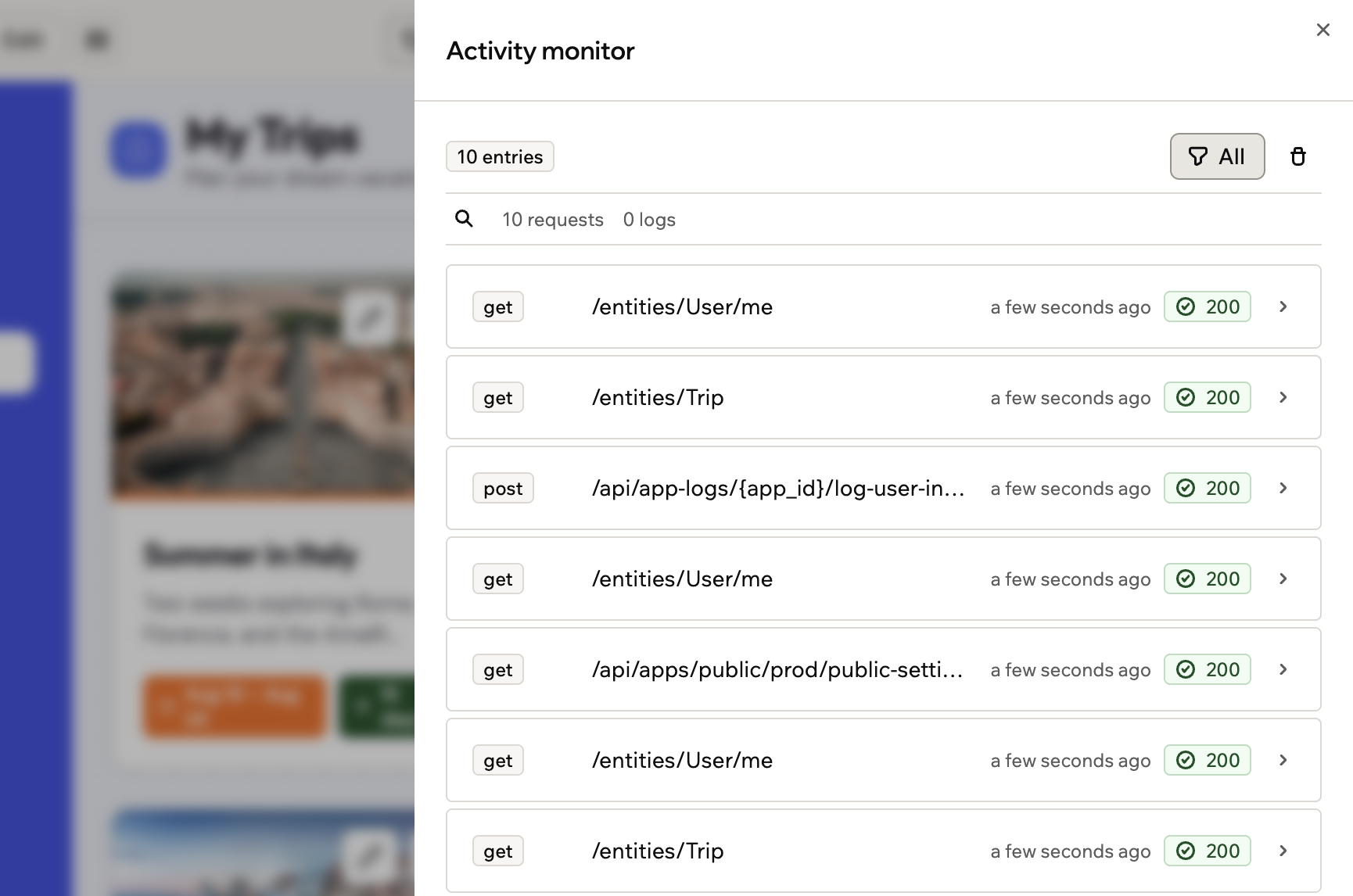 The Activity monitor panel over the app editor, listing recent requests with method, path, time and status
