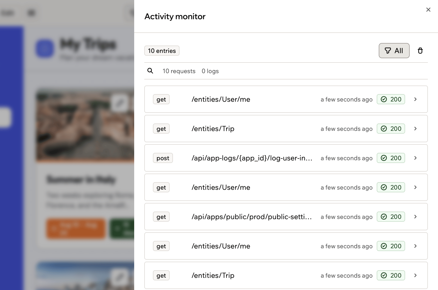 The Activity monitor panel over the app editor, listing recent requests with method, path, time and status