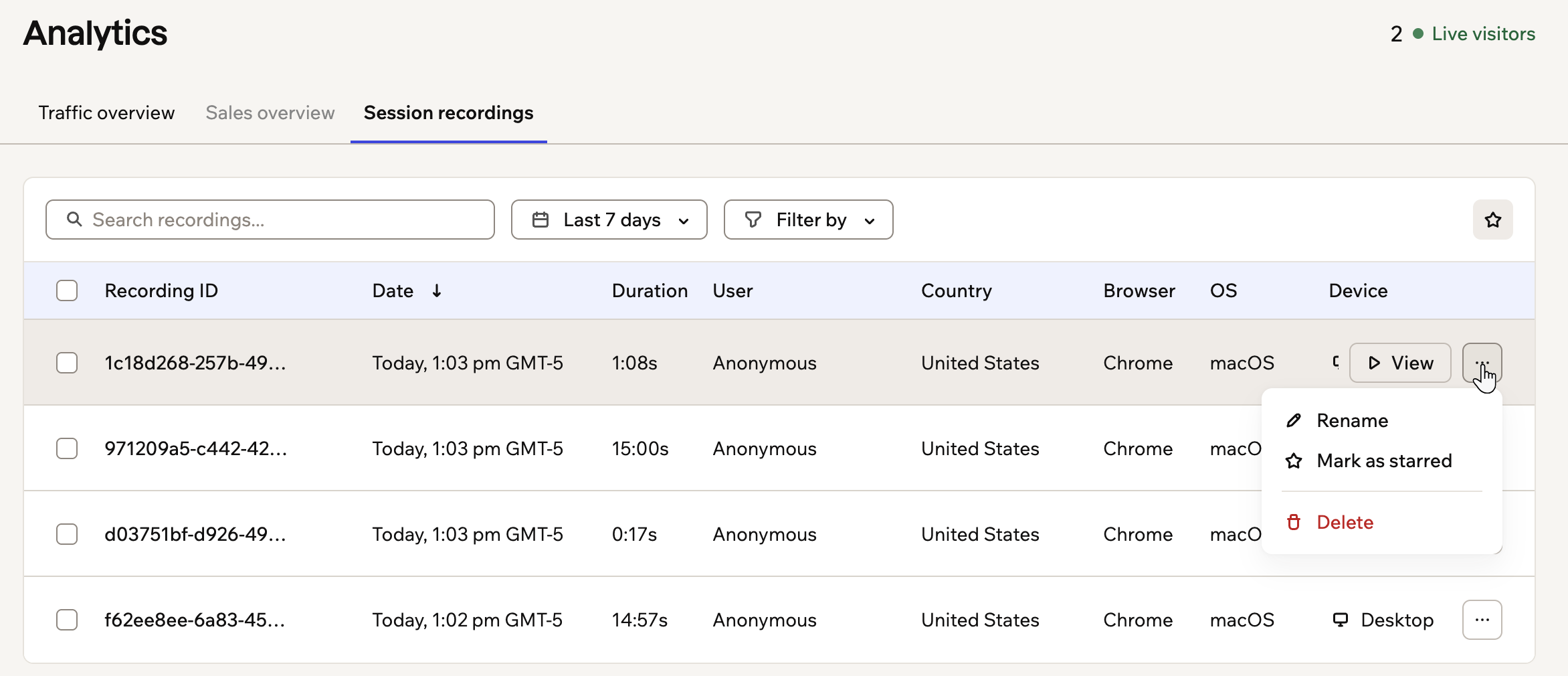 A screenshot of the session recordings list with a row's More actions menu open on Rename, Mark as starred and Delete