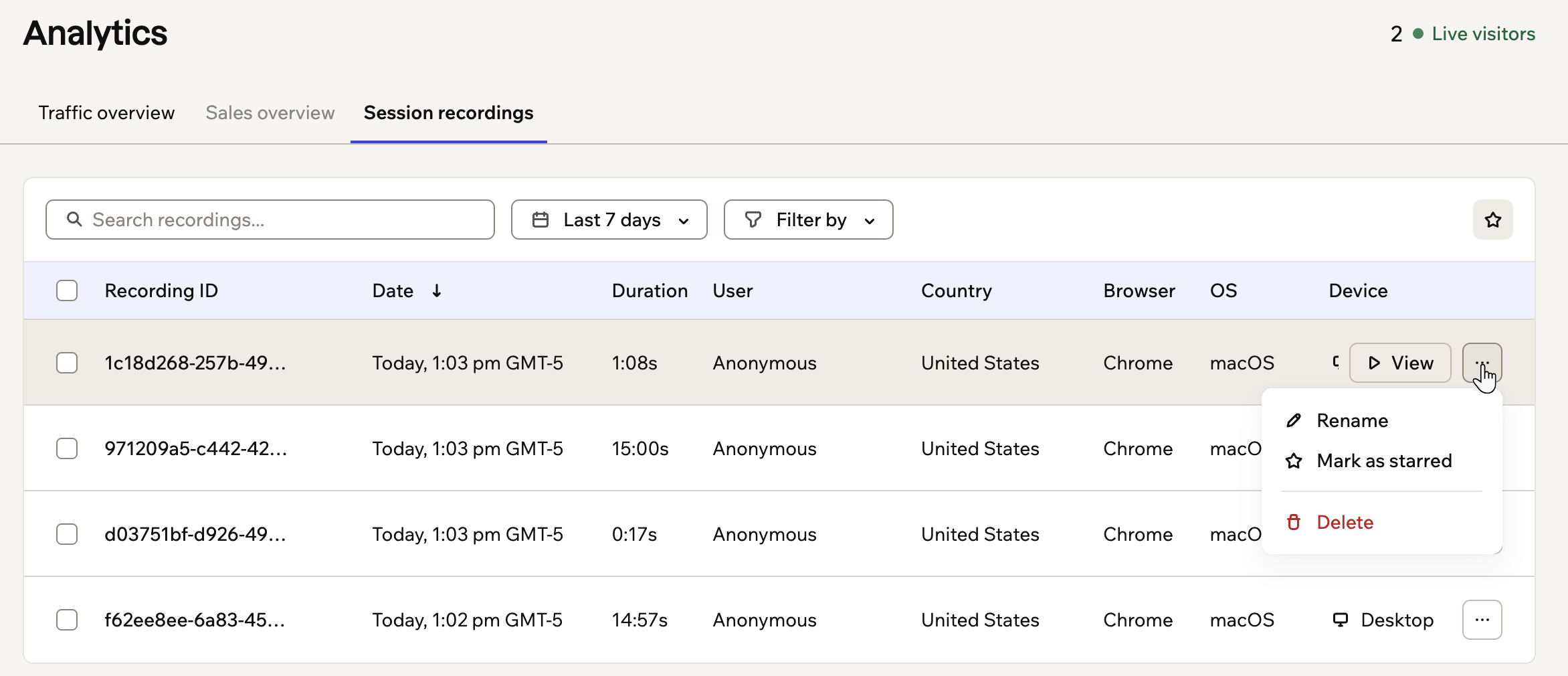 A screenshot of the session recordings list with a row's More actions menu open on Rename, Mark as starred and Delete