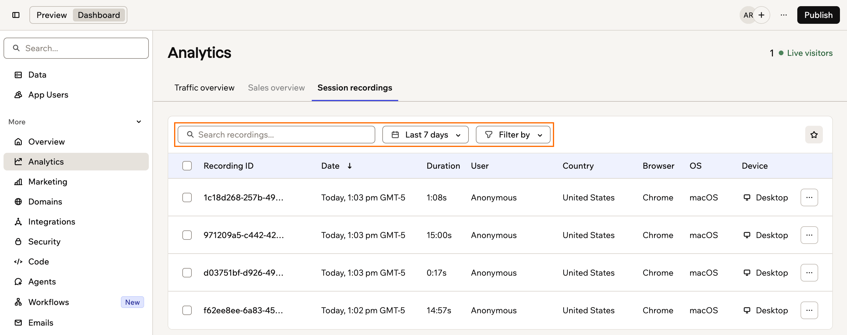 A screenshot of the search field, date range and Filter by controls outlined above the session recordings list