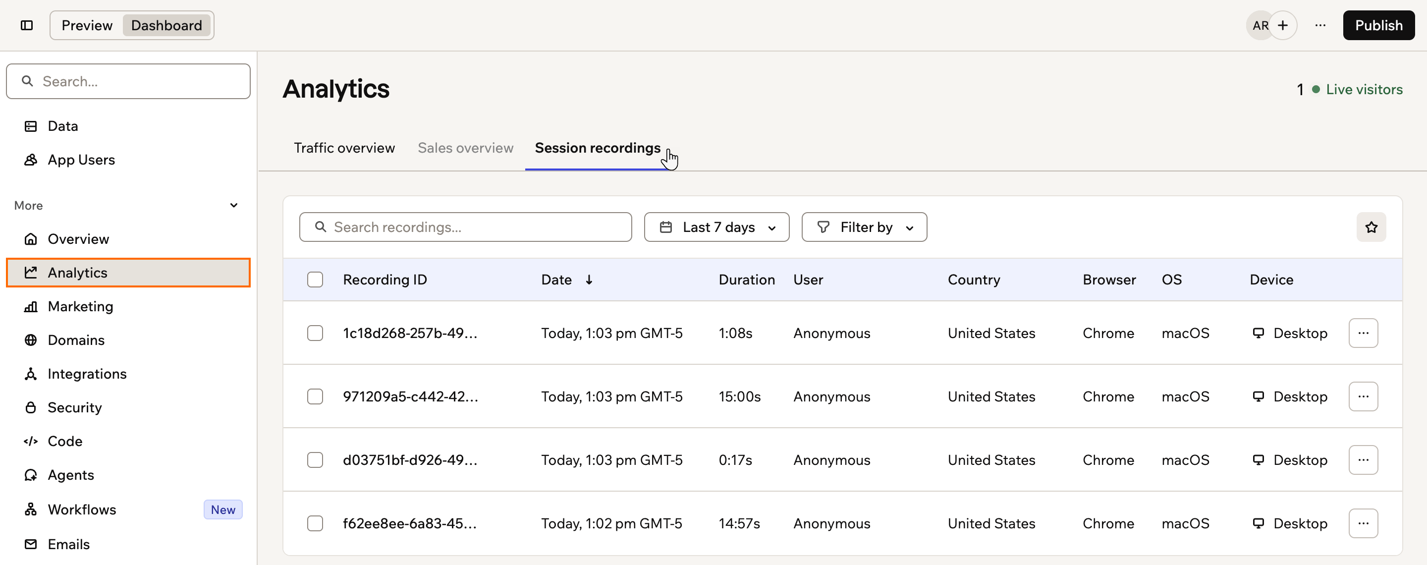 A screenshot of the Session recordings tab on the Analytics page listing recordings with date, duration, country and browser