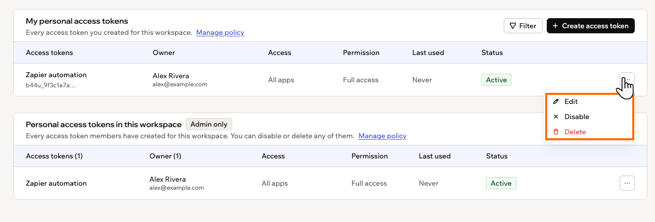 A screenshot of a token's More Actions menu open, showing Edit, Disable and Delete
