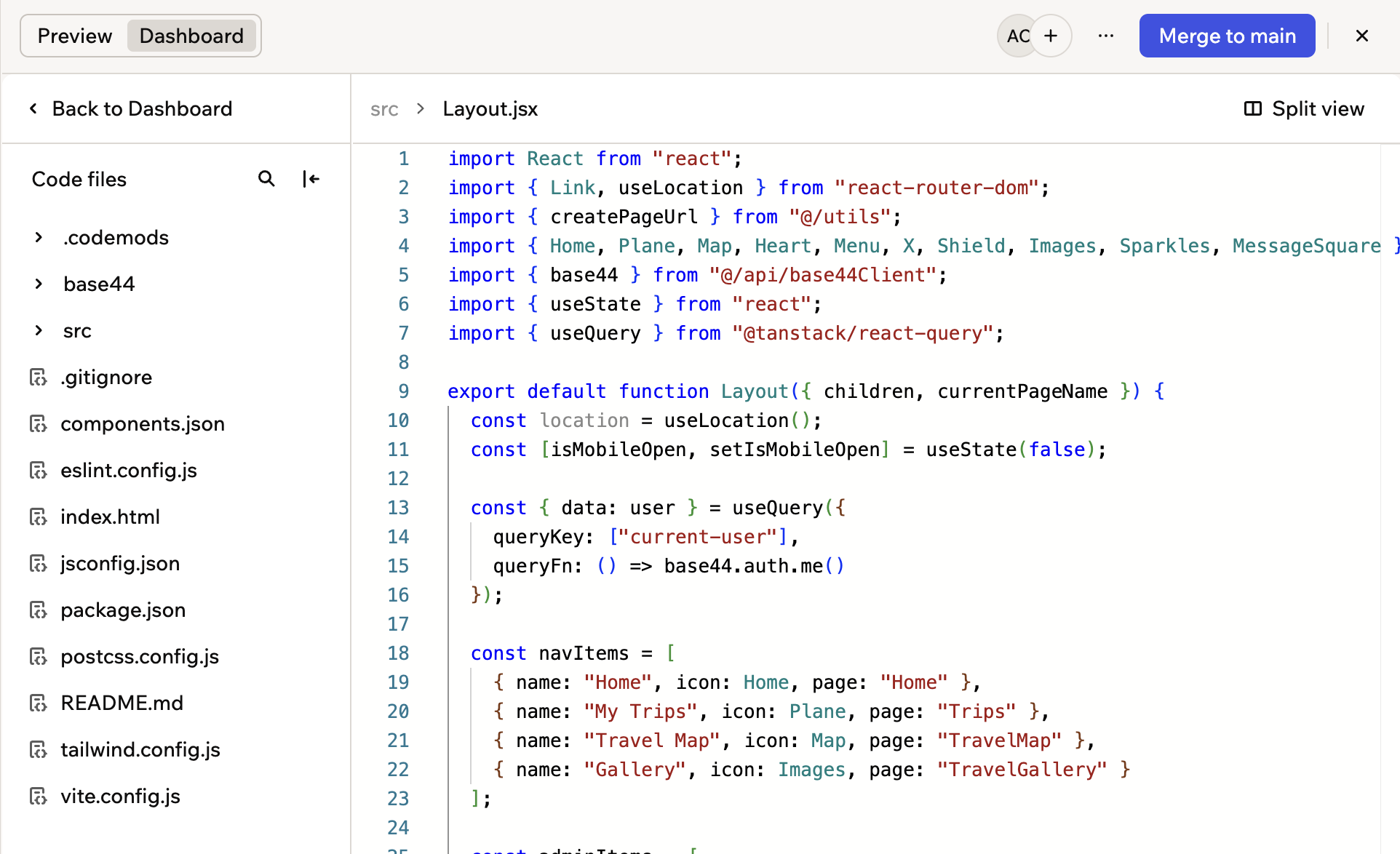 The Code tab open on a branch, with the branch's file tree and Merge to main at the top right