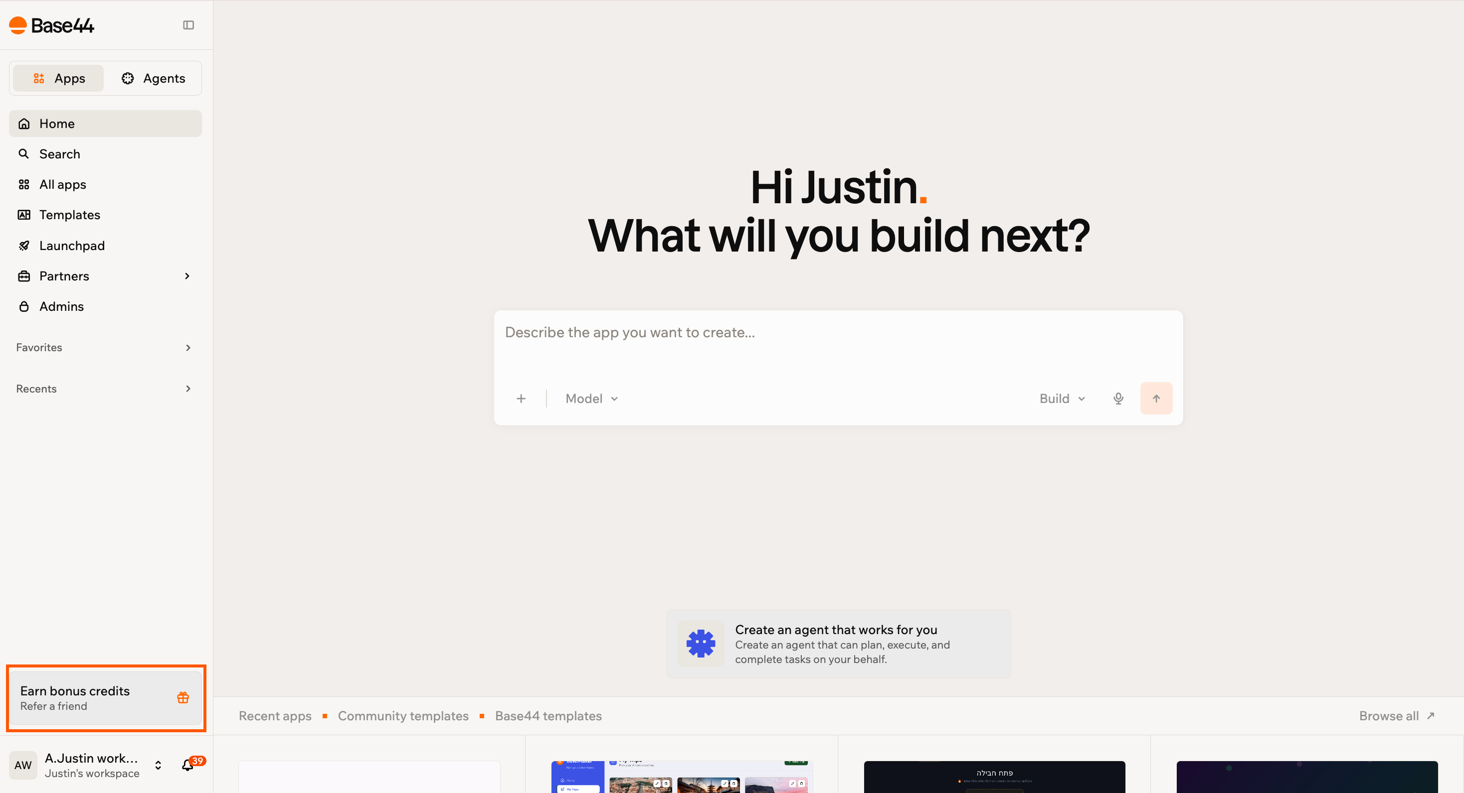 Open Earn bonus credits from the left sidebar of your workspace. The Earn bonus credits option at the bottom of the left sidebar of the workspace.