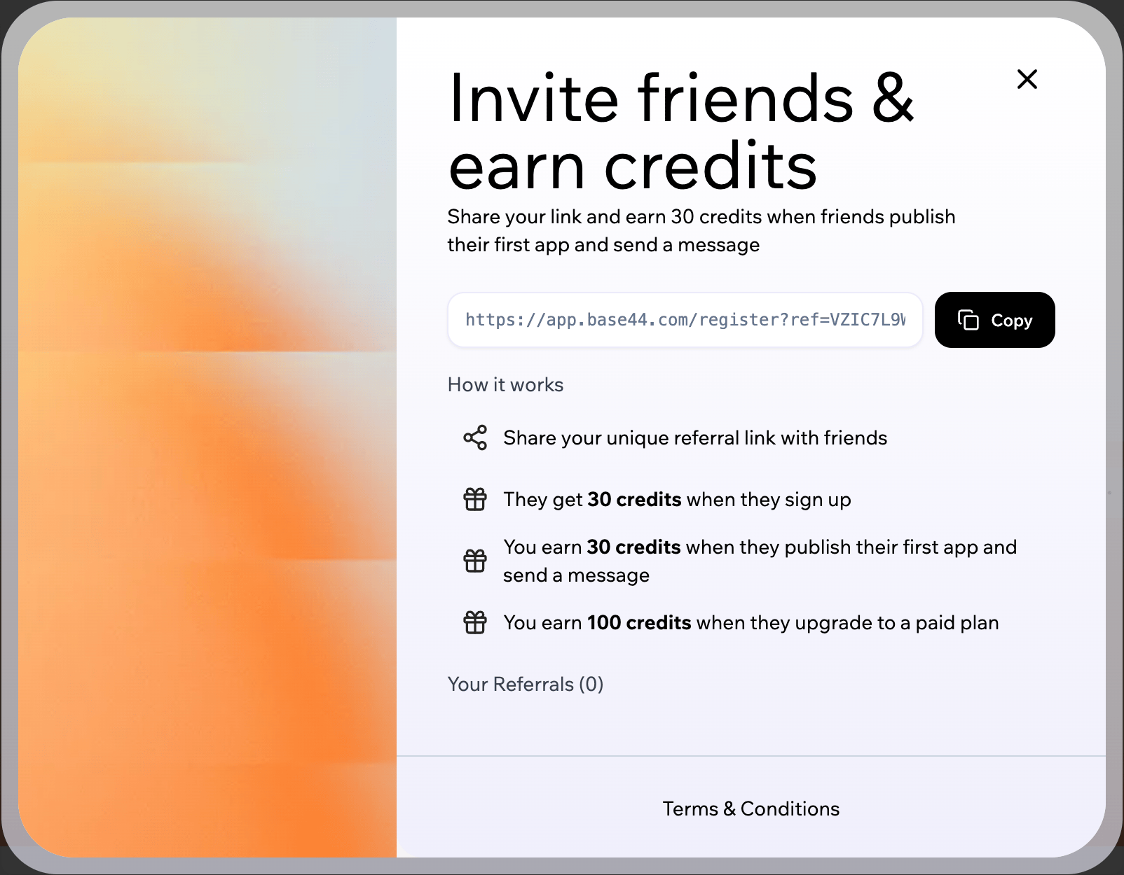 Invite friends and earn credits with your unique referral link. The Invite friends and earn credits panel, showing your referral link and the credits you and your friend earn.