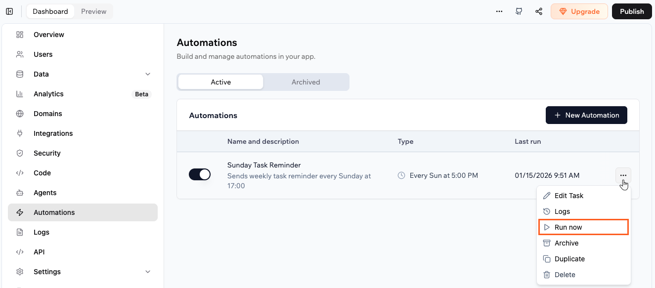 Running an automation immediately