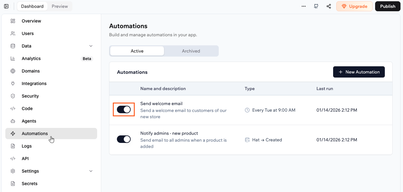 Creating automations for your app - Base44 Support Documentation