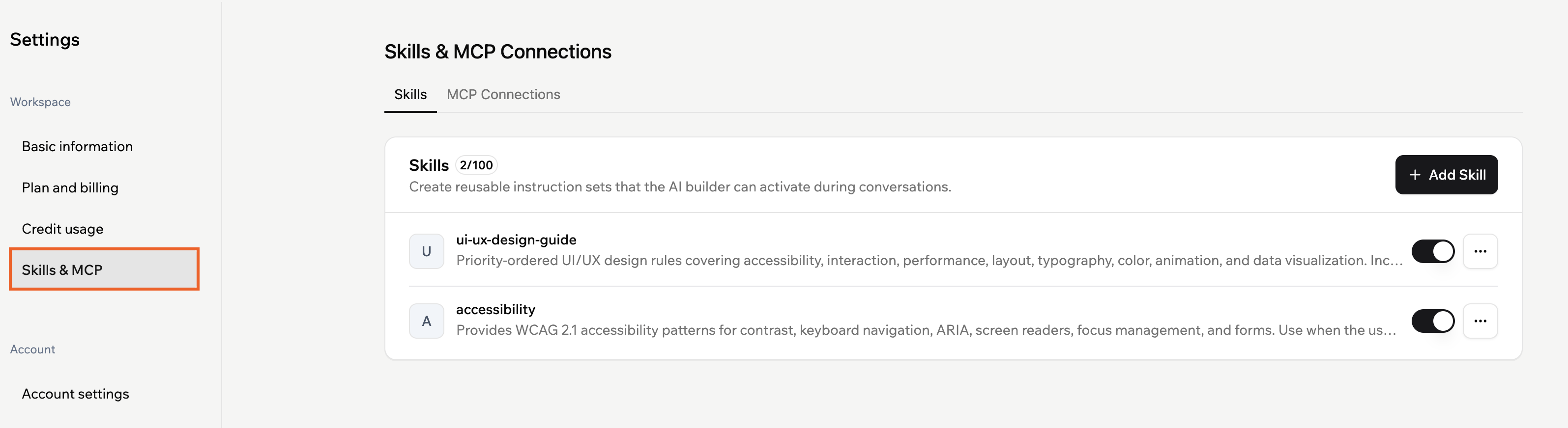 Adding skills and MCP connections to your workspace