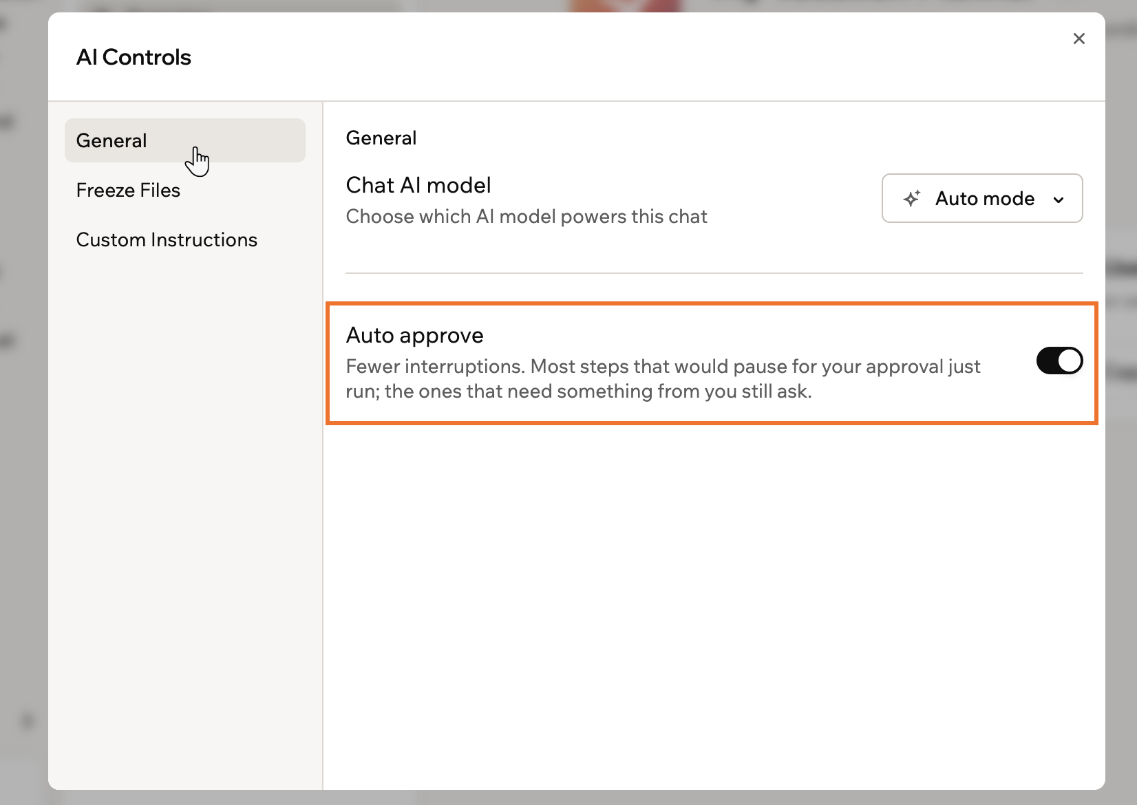 The Auto approve setting on the General tab of AI Controls, with its toggle turned on