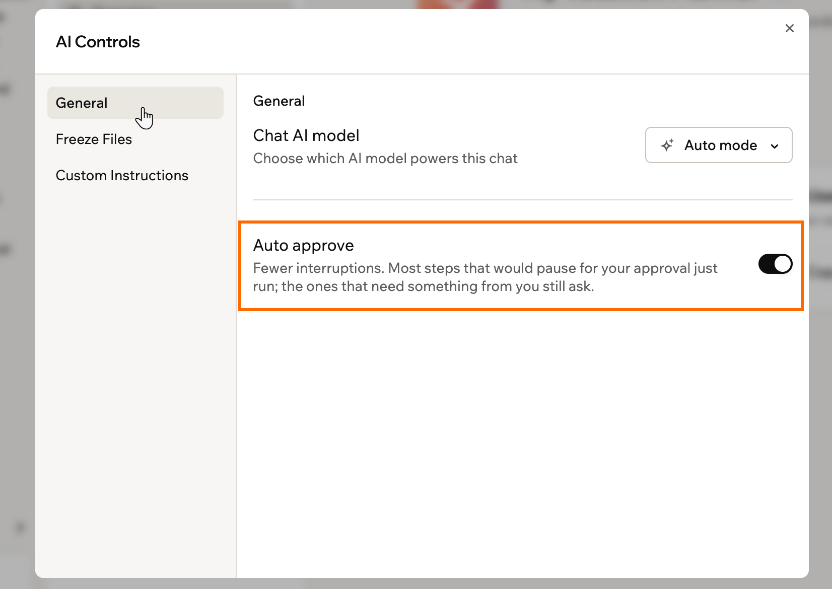 The Auto approve setting on the General tab of AI Controls, with its toggle turned on