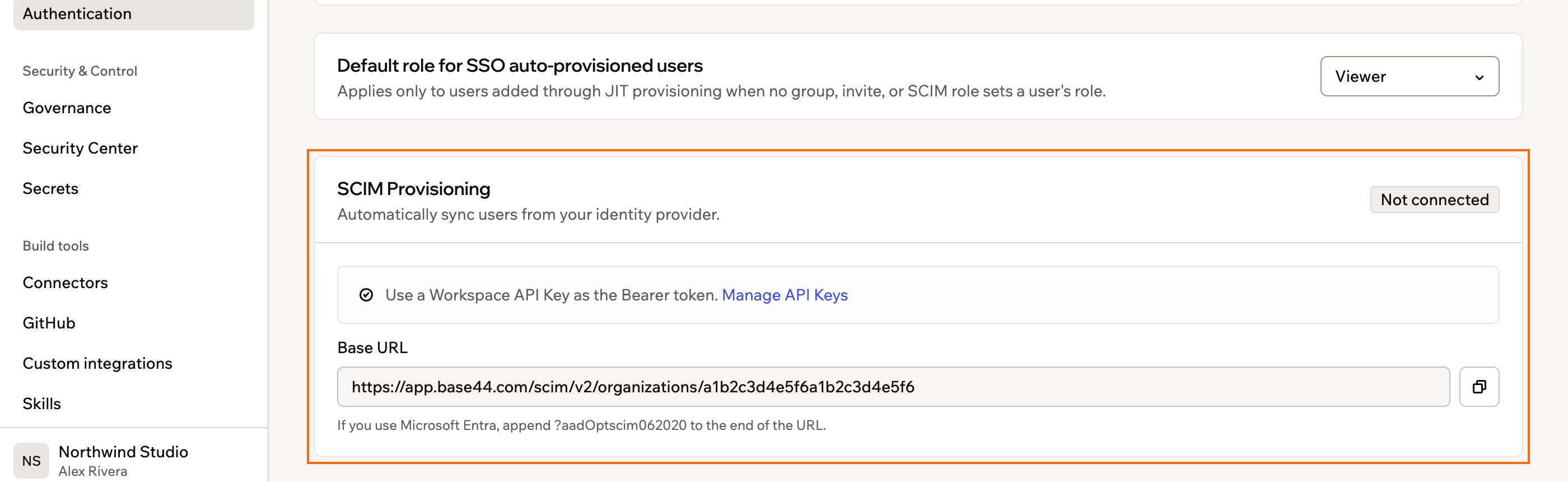 Uma captura de tela do cartão SCIM Provisioning na página Authentication, mostrando a Base URL