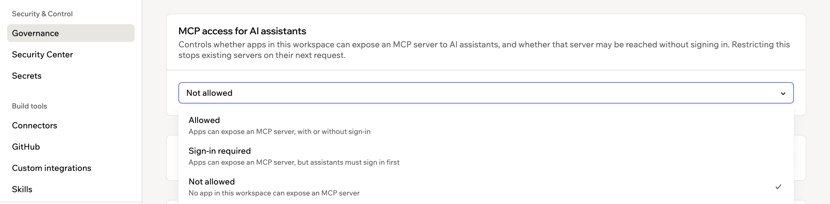 The Governance page with the MCP access for AI assistants drop-down open, showing the 3 policies