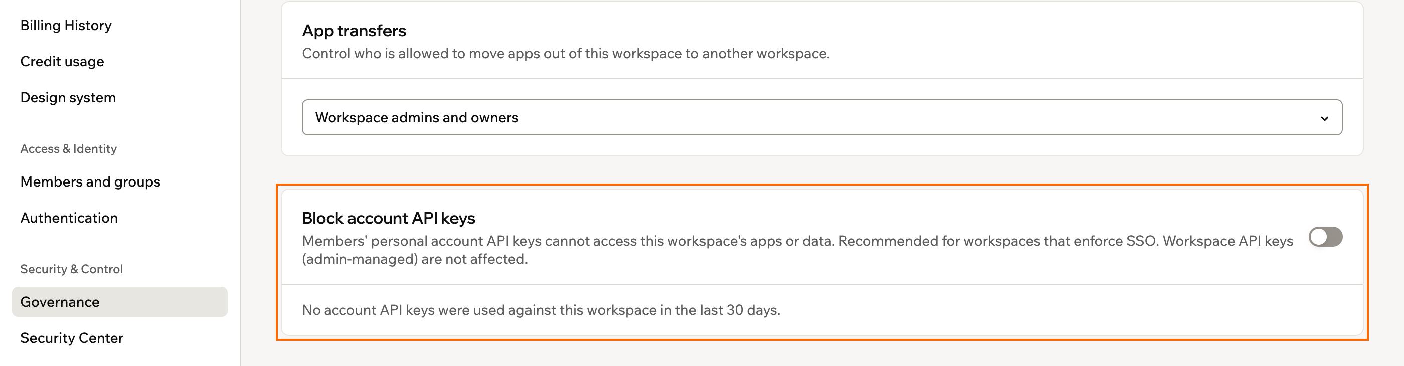 Una captura de pantalla del ajuste Block account API keys en la página Governance, resaltado