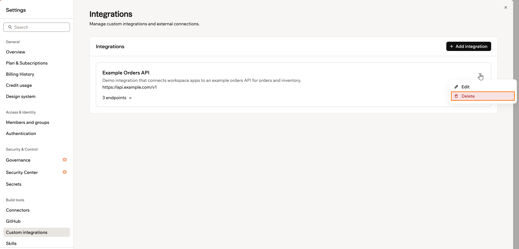 A custom integration's More actions menu with Delete outlined