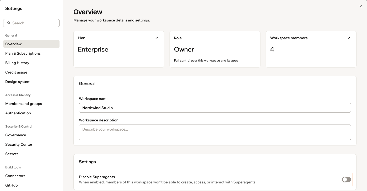 A screenshot of the workspace Overview page with the Disable Superagents toggle outlined