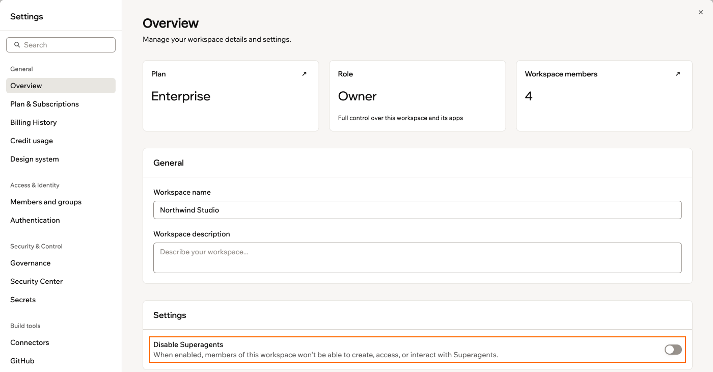 A screenshot of the workspace Overview page with the Disable Superagents toggle outlined
