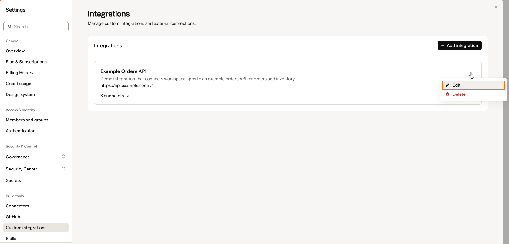A custom integration's More actions menu with Edit outlined
