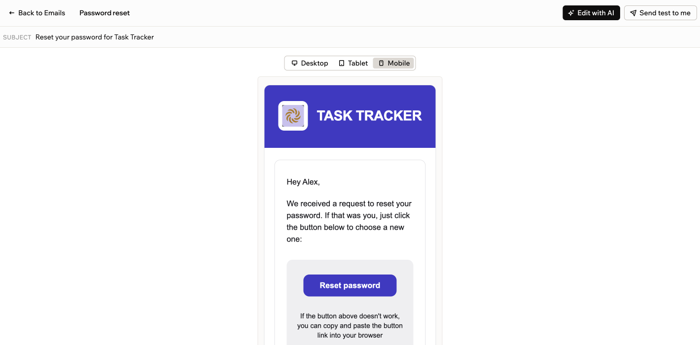 A screenshot of the Password reset email preview at Mobile size, with Edit with AI and Send test to me