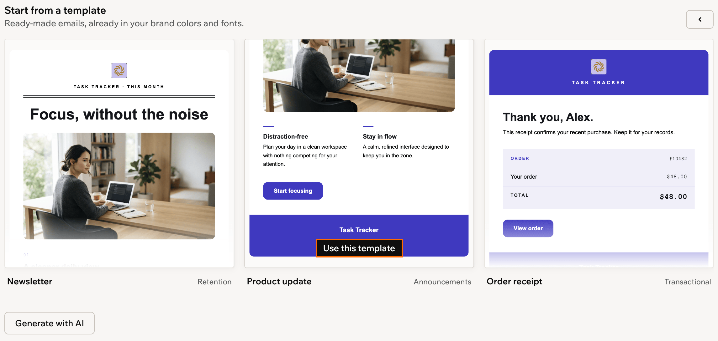 A screenshot of the Start from a template gallery with Use this template outlined on the Product update template