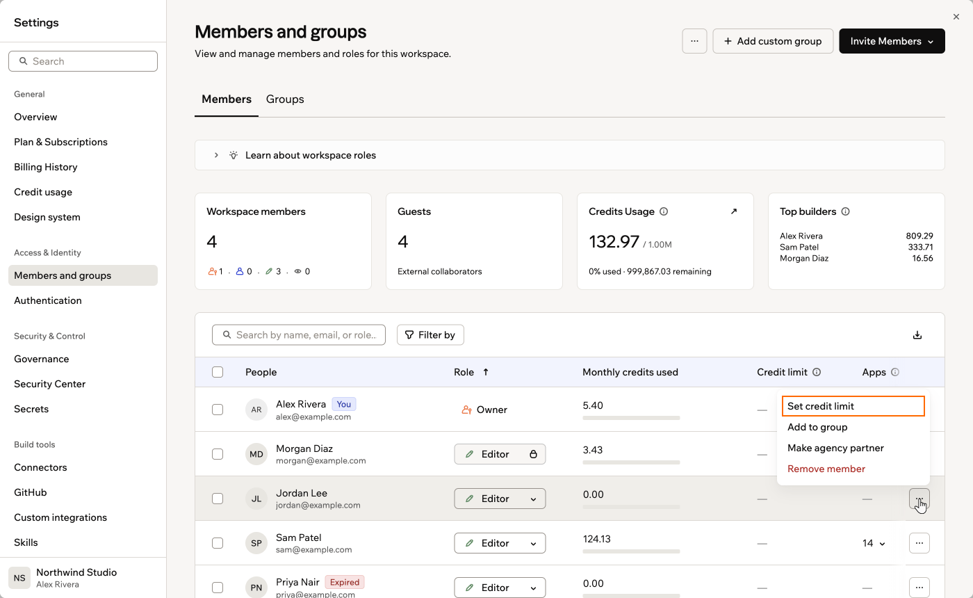 A member's More actions menu with Set credit limit outlined