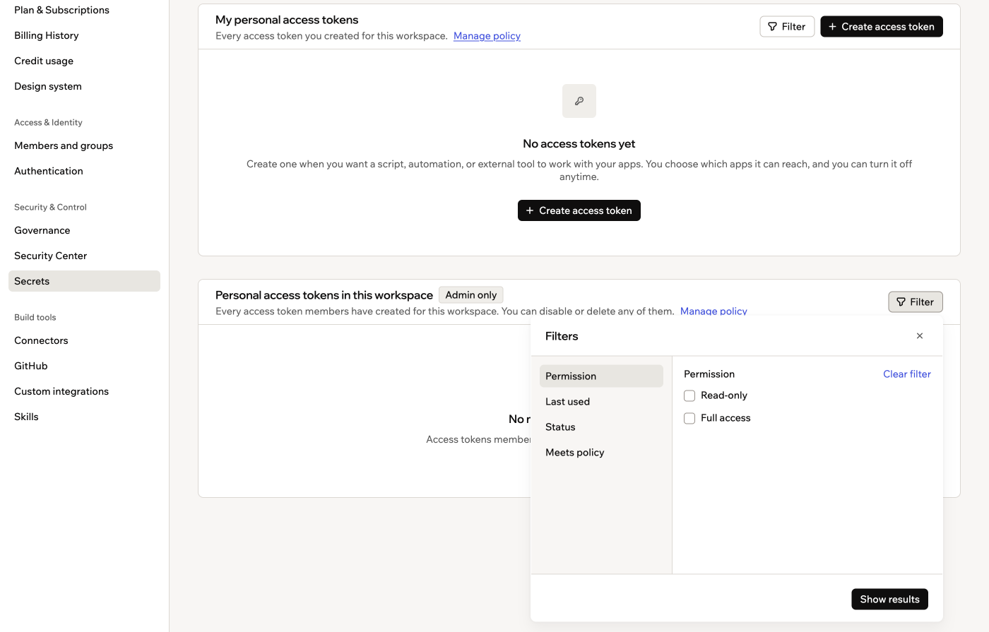 Una captura de pantalla del panel Filters de la tabla de tokens para admins, incluido el filtro Meets policy