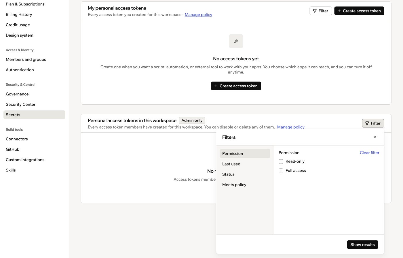 Una captura de pantalla del panel Filters de la tabla de tokens para admins, incluido el filtro Meets policy